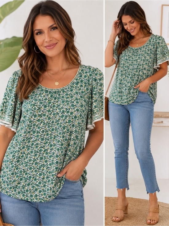 Max Studio Tops - Max Studio 1X Green Botanical Print Flutter Sleeve Knit Top Boho